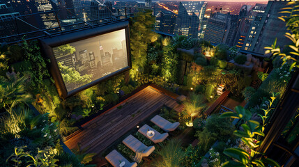 Fototapeta premium In the heart of the crowded city, the rooftop cinema attracts attention with its lush greenery and huge screen under the stars.