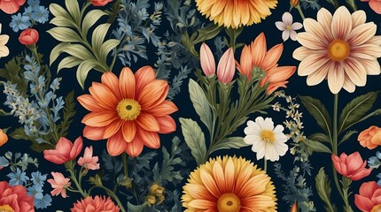 Detailed floral patterns and botanical illustrations in vibrant, realistic colors for wallpapers, textiles, and print media.
