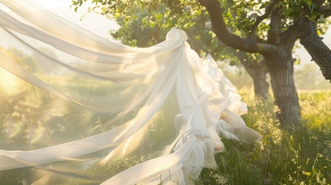 Light and ethereal fabric complimenting the natural beauty of the orchard.