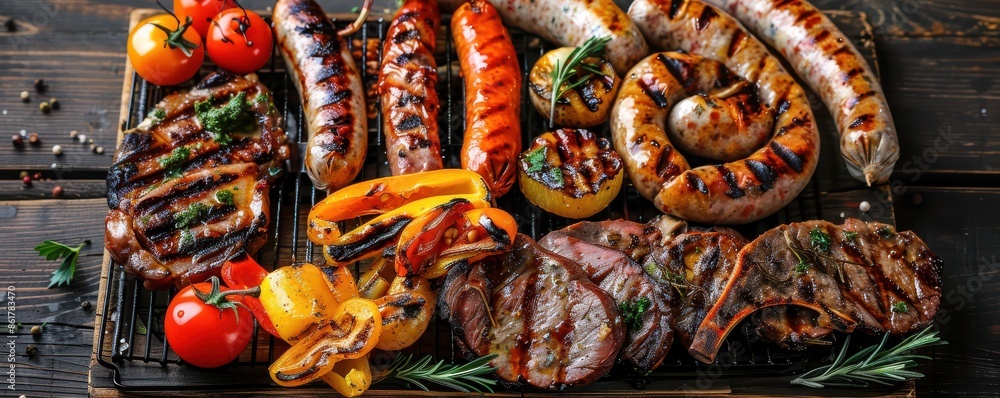 Wall mural A plate of food with a variety of meats and vegetables, including grilled meat, sausages, and tomatoes