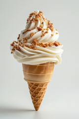 vanilla soft serve ice cream in cone with cookies crumb topping