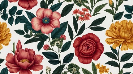 Detailed floral patterns and botanical illustrations in vibrant, realistic colors for wallpapers, textiles, and print media.