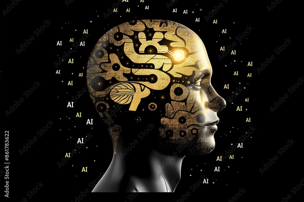 Poster gold ai head with digital circuits representing advanced technology and artificial intelligence