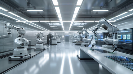 In a future cleanroom for advanced electronics research, robotic arms assemble complex circuits.