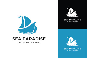 Fototapeta premium Sailling Boat Ship Vessel and sea wave vector logo design