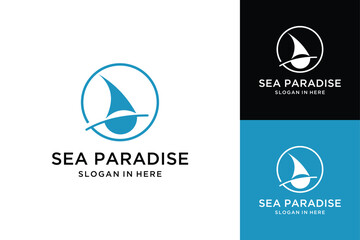 Fototapeta premium Minimalist Sail Boat Ship Vessel and sea wave vector logo design