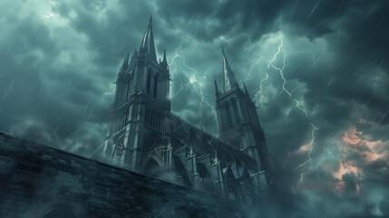 During a storm, Gothic cathedrals reveal a dramatic combination of architecture and the element of nature. Their tall towers and intricately carved details contrast with disturbing clouds and lightnin