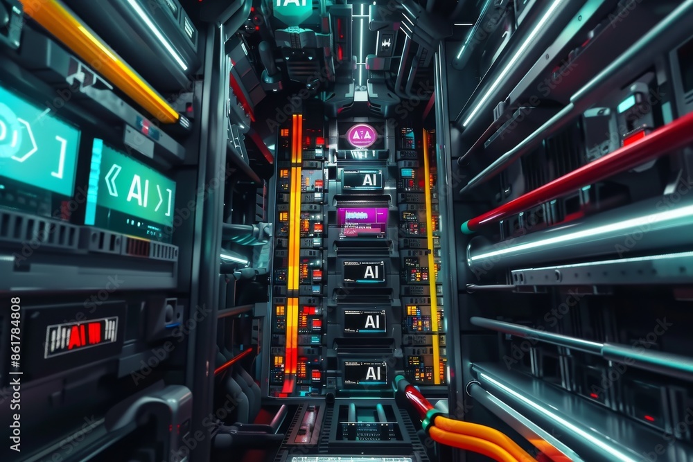 Poster futuristic ai server room with glowing lights representing advanced technology and data storage