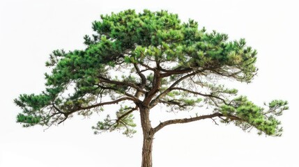 A towering pine tree with long, slender needles and a sturdy trunk isolated on a white background