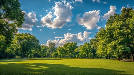 Obraz premium beautiful park with wooded area and a blue sky with clouds