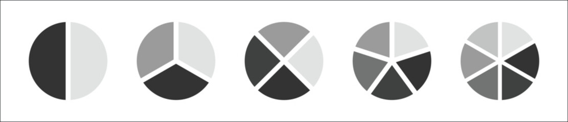 Circle pie chart 2 to 6 steps, part info graphics set. Set of dark color circle pie chart. 