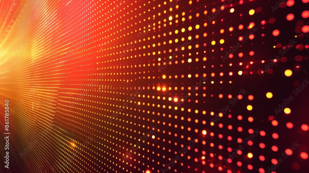 Poster a vibrant display of dynamic red and yellow light dots creating an abstract digital pattern in motio