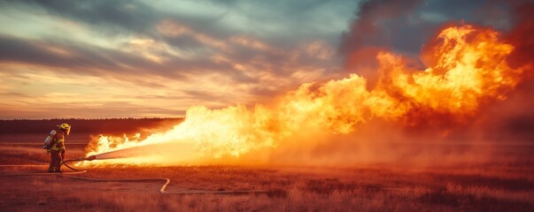 A firefighter is aggressively battling and extinguishing a large and intense blaze in a grassy field during a dramatic and colorful sunset, showcasing bravery and intensity.