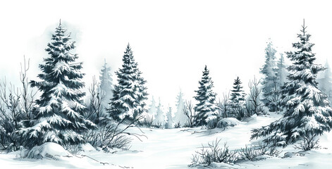 The image shows a winter forest with snow-covered trees