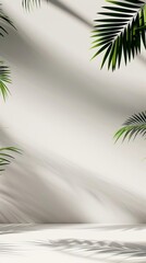 floating minimal live plants and palm leaves against a light neutral background, no shadows