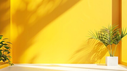 Vibrant Yellow Wall with Tropical Plants. Minimalist Background for Product Display or Summer Promotion