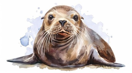 An adorable watercolor sea lion with whiskers and a friendly smile isolated on a white background