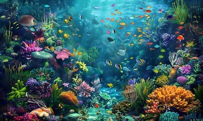 Naklejka premium A vibrant underwater scene showcasing a diverse coral reef teeming with colorful fish and marine creatures