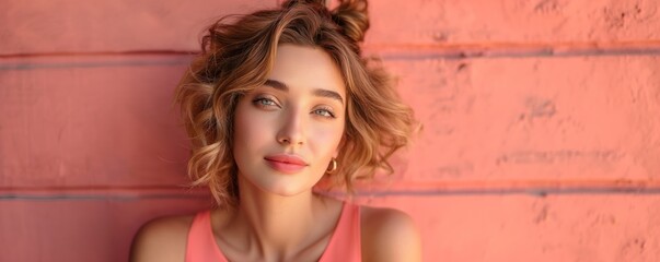 Fototapeta premium A serene young woman with wavy, styled hair relaxes against a coral pink wall, exuding calm and modern charm in a summertime setting with minimalistic design.