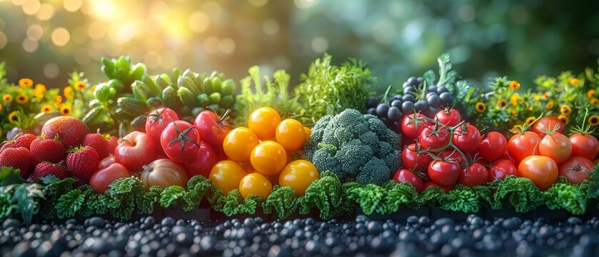 Vibrant 3D Abstract Organic Market with Fresh Vegetables and Fruits, Bold Colors, Clear Copy Space