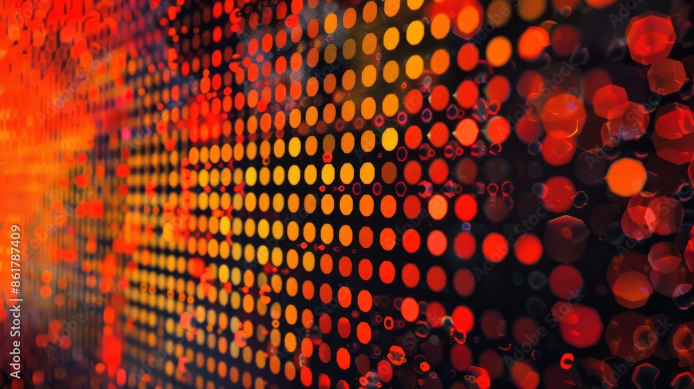 Poster a vibrant display of dynamic red and yellow light dots creating an abstract digital pattern in motio