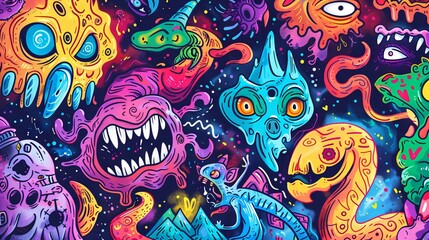 Fototapeta premium This is an abstract painting of colorful and strange creatures