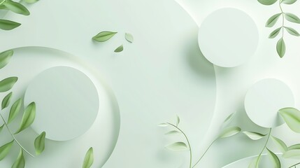 Minimal abstract background with white podiums and green leaves. Empty showcase for cosmetic product presentation. Mockup for branding and packaging presentation. 3d rendering.