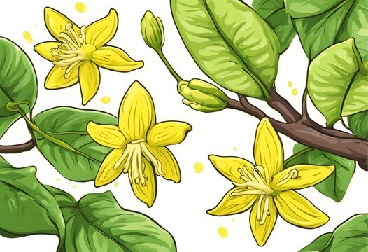 Yellow Drawf Ylang-Ylang flowers blooming beautifully, brightening any garden or landscape.Cartoon Abstract art.
