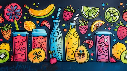 This is an image of a variety of fruit juices in colorful bottles and glasses, with some fruit and flowers in the background. The image has a cartoonish style and bright colors.