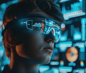 Young man wearing augmented reality glasses. Futuristic virtual charts and graphs on floating data high-tech interface displays