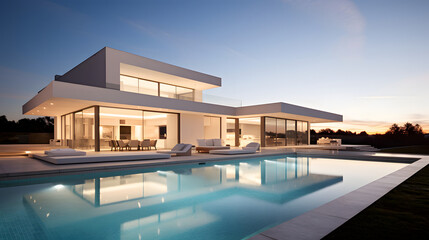 Fototapeta premium Luxury House with Pool at Sunset