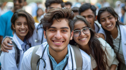 Obraz premium Group of happy Indian medical students posing for a photo.generative ai