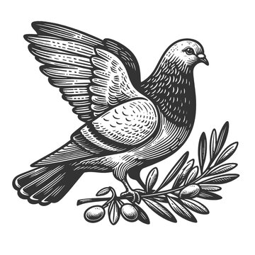 dove in flight, carrying an olive branch, symbolizing peace and harmony sketch engraving generative ai fictional character raster illustration. Scratch board imitation. Black and white image.