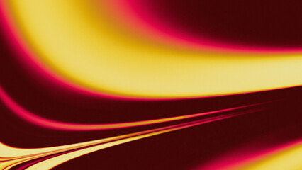 Abstract flowing liquid wavy curved yellow and pink shapes on dark red  background. High resolution full frame blurry, dynamic and futuristic background with noise. Copy space.