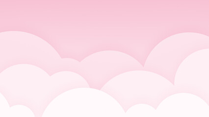 Pink sky with big light pink layered flat cartoon style clouds with color gradient to white. Abstract cloudy heaven illustration background. Design for banner, poster, flyer, card, brochure etc.