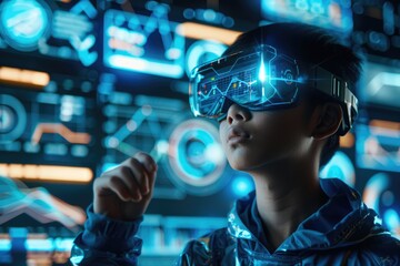 Boy wearing augmented reality glasses. Futuristic virtual charts and graphs on floating data high-tech interface displays