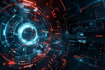 A futuristic graphic with a neon-infused circulatory design, showcasing an array of interconnected digital patterns in blue and red hues, representing technology and innovation.