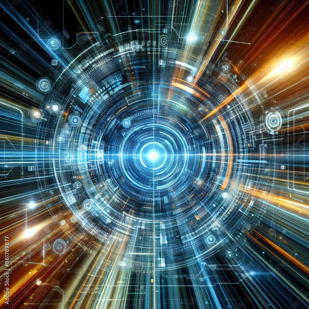 Poster technology screen with abstract high speed technology pov motion blur. technology. illustrations
