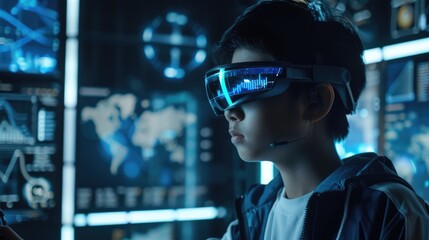 Boy wearing augmented reality glasses. Futuristic virtual charts and graphs on floating data high-tech interface displays