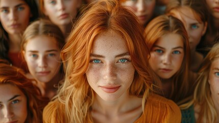 Standing out from the crowd concept with a woman looking at the camera from a large crowd of people,