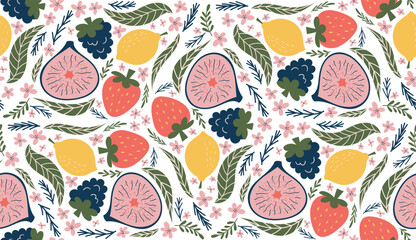Whimsical seamless pattern featuring illustrations of blackberries, lemons, halved figs, red strawberries, pink flowers, and green leaves, arranged in a kaleidoscope-like design. 