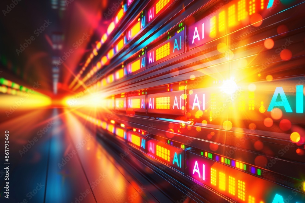 Poster dynamic illustration of ai data flow in a futuristic digital tunnel with vibrant lighting effects