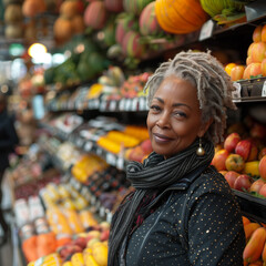 african american woman shopping in grocery store; smiled lady with grocery bag buying fruits and...