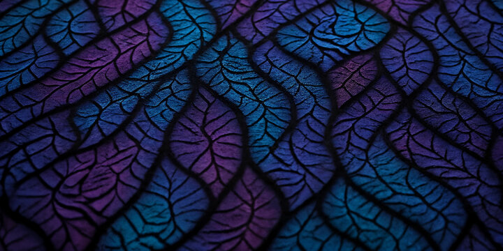 Organisches Muster aus blattähnlichen Strukturen in Blau- und Violetttönen, das an natürliche Texturen und Formen erinnert und eine harmonische, naturinspirierte Ästhetik schafft