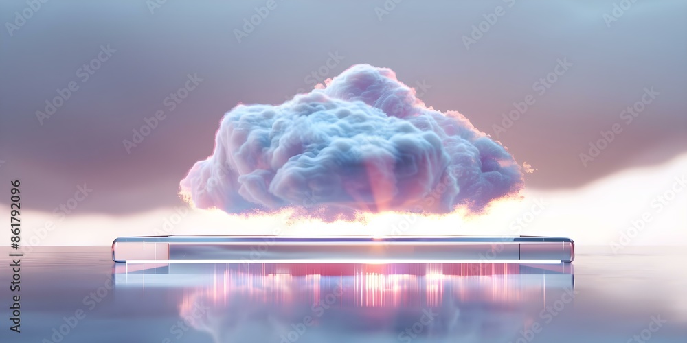 Poster transferring files through holographic clouds with a sleek 3d display. concept holographic clouds, f