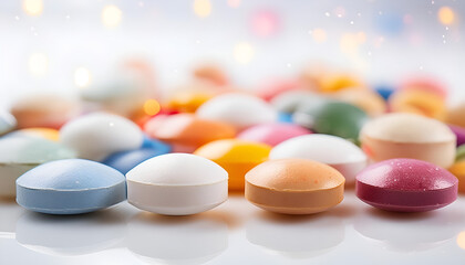 Colorful Pills Arranged in a Cluster on a White Surface