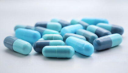 Close-up of Blue and Dark Blue Capsules on a White Surface