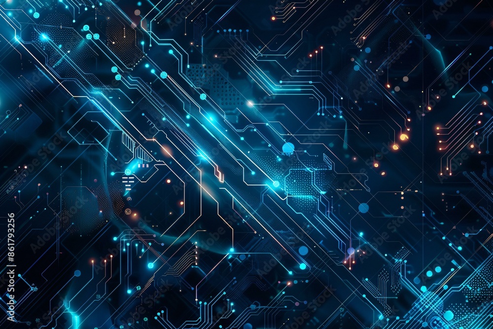 Poster abstract digital circuit board background with glowing lines and geometric shapes in blue and orange