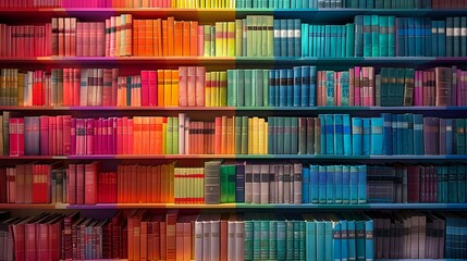 Bookshelf filled with colorful books arranged by hue, ideal for education blogs, library promotions, and interior design content. Vibrant and organized.