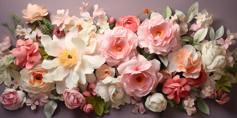 Peonies and roses arrangement in pastel colors, detailed petals, elegant composition